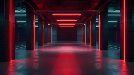 Fototapeta premium Futuristic dark garage background, empty underground warehouse with red neon lighting, interior of abstract modern hallway or room. Concept of parking, stage, building
