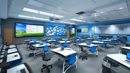 Future-oriented classroom with sleek, movable furniture and large touch screens
