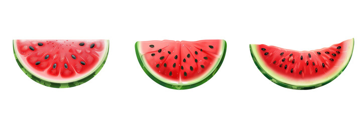 Three watermelon slices arranged in a row, showing vibrant red flesh with black seeds, isolated on a white background. transparent background