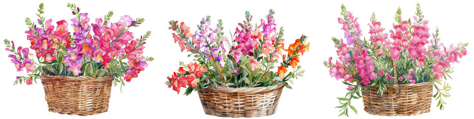 Obraz premium Three woven baskets filled with colorful seasonal flowers arranged beautifully, perfect for home decor or special occasions. transparent background