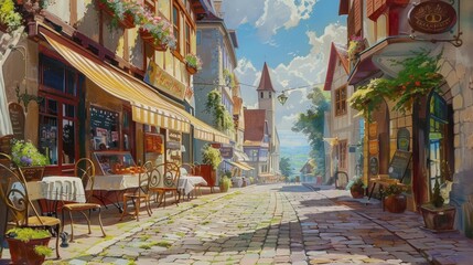 Fototapeta premium Create an oil painting of a historic European street, with cobblestone pathways, charming cafes, and vibrant market stalls under a sunny sky.