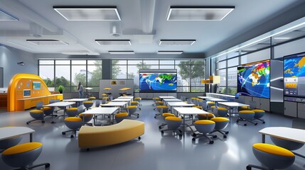 Futuristic classroom with sleek furniture, interactive displays, and creative zones