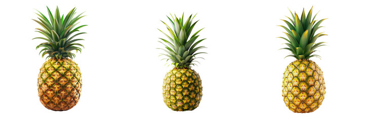 Obraz premium Three ripe pineapples isolated on white background in a row. Fresh tropical fruit with green leaves ideal for food and healthy lifestyle concepts. transparent background