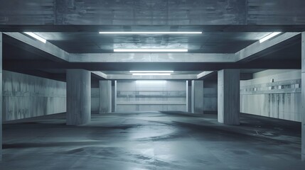 Minimalist interior of concrete garage, futuristic grungy tunnel in modern building. Concept of future, room, abstract hall, background, warehouse
