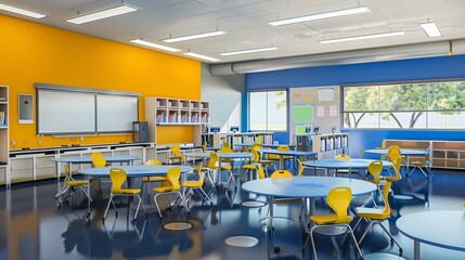High-tech classroom design with modular desks, smart technology, and collaborative spaces