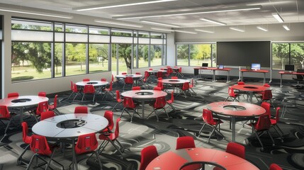 High-tech classroom design with modular desks, smart technology, and collaborative spaces