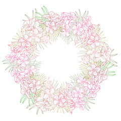 Jasmine flower and palm leaves line art circle frame for card, invite, scrapbook or wallpaper. Delicate tropical flower wreath, vector background