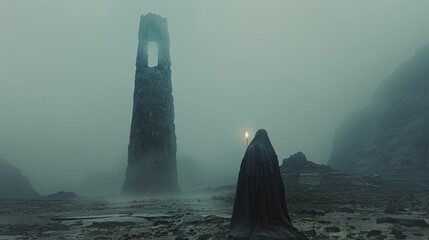 A cloaked figure holding a burning candle, standing before a towering black monolith in a desolate landscape