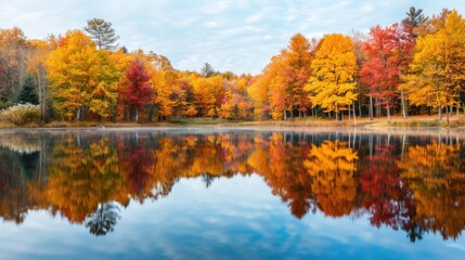 Fototapeta premium Autumn landscape with colorful trees reflecting in a serene lake, vibrant foliage, and tranquil water, capturing the essence of fall beauty