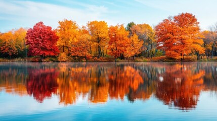 Autumn landscape with colorful trees reflecting in a serene lake, vibrant foliage, and tranquil water, capturing the essence of fall beauty