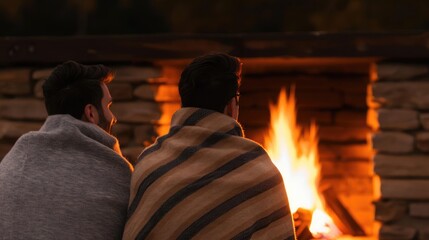 Obraz premium Autumn night with friends gathered by the fireplace, wrapped in cozy blankets, sharing stories and enjoying the warmth