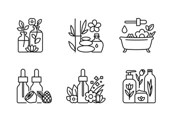 Spa and relaxation icon set. Aromatherapy, essential oil, warm bath, massage stones, organic cosmetics. Skin care and hair treatment. Editable line stroke, minimalist style, outline illustration