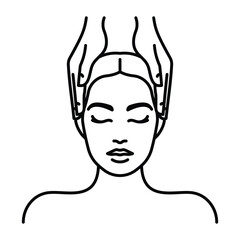 Head massage icon. Women's head and hands of masseur. Female face, neck and shoulders. Cosmetology, relaxation, facial massage. Thin outline, editable strokes