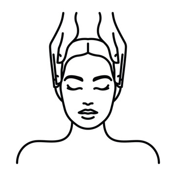 recommend clip art: Head massage icon. Women's head and hands of masseur. Female face, neck and shoulders. Cosmetology, relaxation, facial massage. Thin outline, editable strokes
