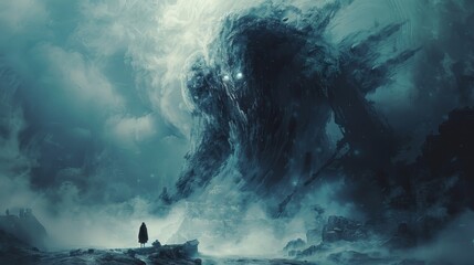 A gargantuan underworld creature, emerging from the dark abyss, its massive form casting ominous shadows in a cavernous landscape, digital art style