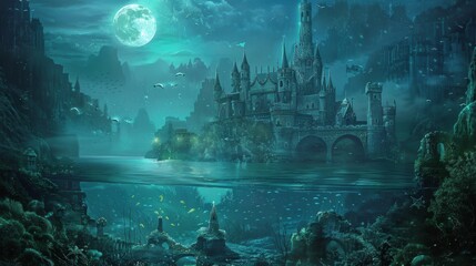 Moonlit sea, underwater castle, mermaid enchantment