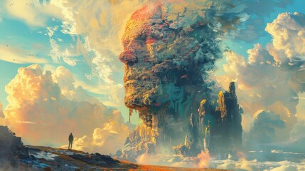 A massive man emerges from the ground, towering over a mythical landscape, depicted in vibrant and intricate digital art