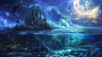 Moonlit sea, underwater castle, mermaid enchantment