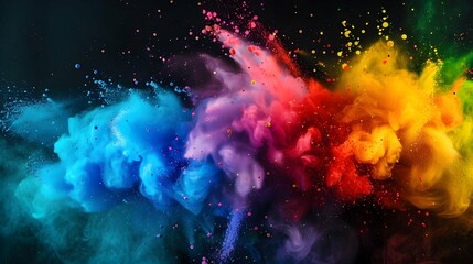 Splash or explosion of multicolored paint on black background, swirl of watercolor or colored powder, abstract pattern of bright colorful water. Concept of spectrum, wide banner, holi 