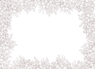 Jasmine flower and palm leaves line art frame for card, invite, scrapbook or wallpaper. Delicate tropical flower, vector background