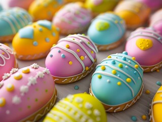 3D render of A close-up of colorful Easter egg cookies on a baking tray., Photo stock style, clean background, no copyrighted logo, no letters