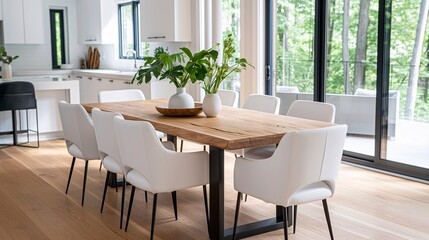 A dining area featuring a simple wooden table with clean lines.