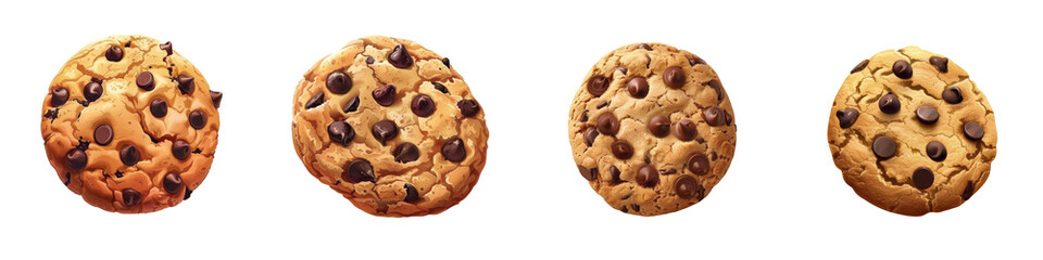 Four delicious chocolate chip cookies in a row. Perfect for use in baking advertisements, recipe blogs, or dessert menus. transparent background