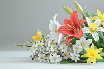 3D render of A beautiful Easter bouquet with lilies, tulips, and daffodils., Photo stock style, clean background, no copyrighted logo, no letters