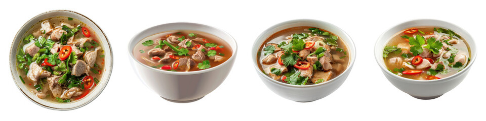 Four bowls of delicious chicken soup garnished with fresh herbs and chili peppers, captured in a high-resolution, mouth-watering food image. transparent background