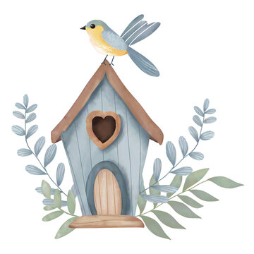recommend clip art: Bird and blue wooden house clip art.