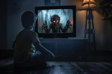 Obraz premium Child seated in front of television, engrossed in a UHD 4K horror film with sharp focus
