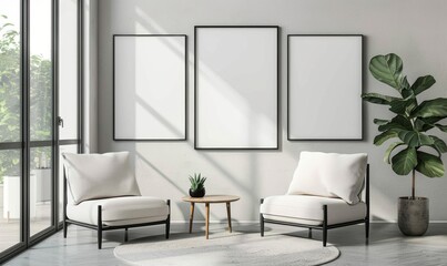 A chic living room with empty picture frames on the wall, designed to act as models for displaying artwork or posters.