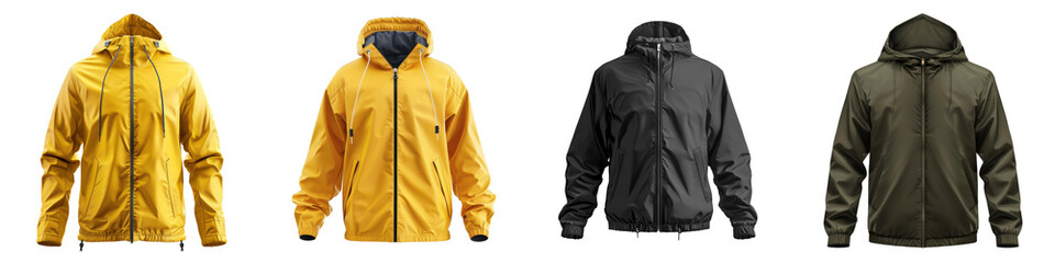 Collection of four waterproof jackets in yellow, black, and green, ideal for outdoor activities and rainy weather protection. transparent background
