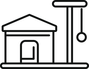Line drawing of a cat house with a scratching post and hanging ball for playing