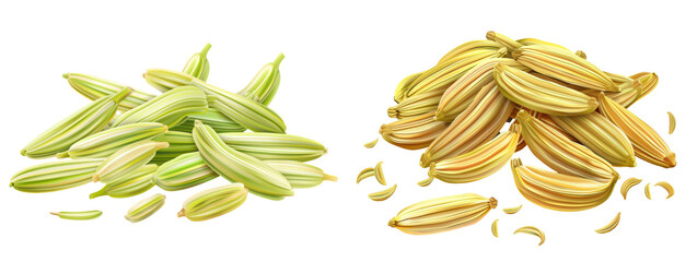 Close-up image of paddy rice and paddy seeds side by side, showcasing the difference between unprocessed and processed grains. transparent background