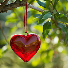 Close-Up of a Glossy Red Heart Ornament Hanging from a Tree Branch, with Softly Blurred Green Leaves in the Background