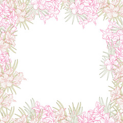 Jasmine flower and palm leaves line art frame for card, invite, scrapbook or wallpaper. Delicate tropical flower, vector background