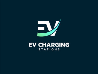 Electric vehicle charging letter EV with curved overlapping Shapes logo vector design concept. Letter EV logotype symbol for Electric Car, EV station, ui, web, ev business, infographic, new technology
