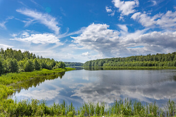 A calm lake with a blue sky in the background