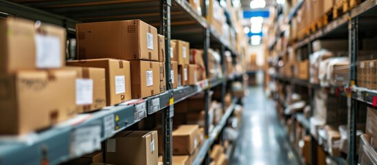 A warehouse full of boxes with the word 