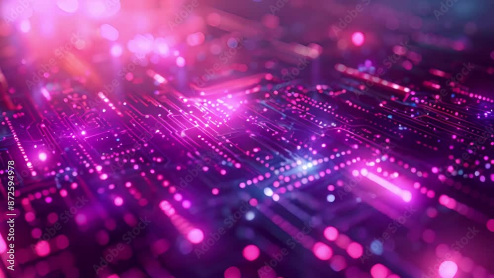 Poster an abstract close-up image of a circuit board with pink and blue lights.