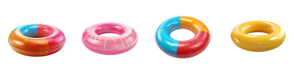 A vibrant collection of colorful pool rings in stunning shades displayed side by side, perfect for summer fun and swimming pool activities. transparent background