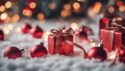 Christmas red decorations on snow with gift boxes fir tree branches and christmas lights