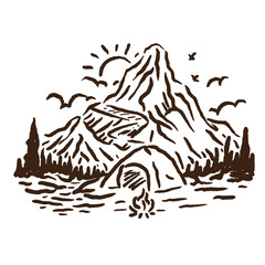 vector sketch of a camping design on a mountain slope