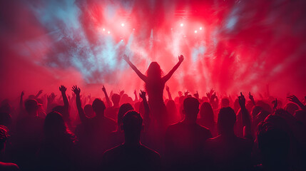 Illustration of woman leader giving inspirational speech on womens day,
Energetic crowd with raised hands at concert

