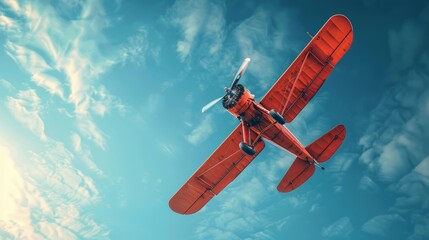 Vintage red airplane navigating through a crisp blue sky, digital art representation
