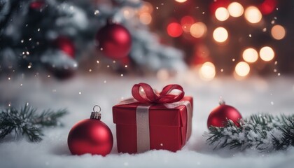 Christmas red decorations on snow with gift boxes fir tree branches and christmas lights