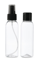 Two Empty Clear Plastic Bottles With Black Caps Isolated on White Background