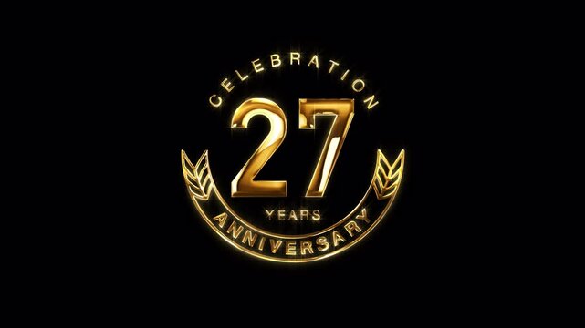 27th Golden Anniversary Celebration. Happy 27 Years Anniversary Animation in Gold Color on the Transparent Background, Alpha Channel. Great for greetings, celebrations, events, and gifts.