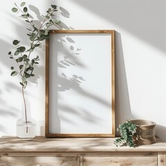 A3 wooden poster frame mockup on a chest of drawers against a white wall great for presenting artwork or photos in a stylish decor